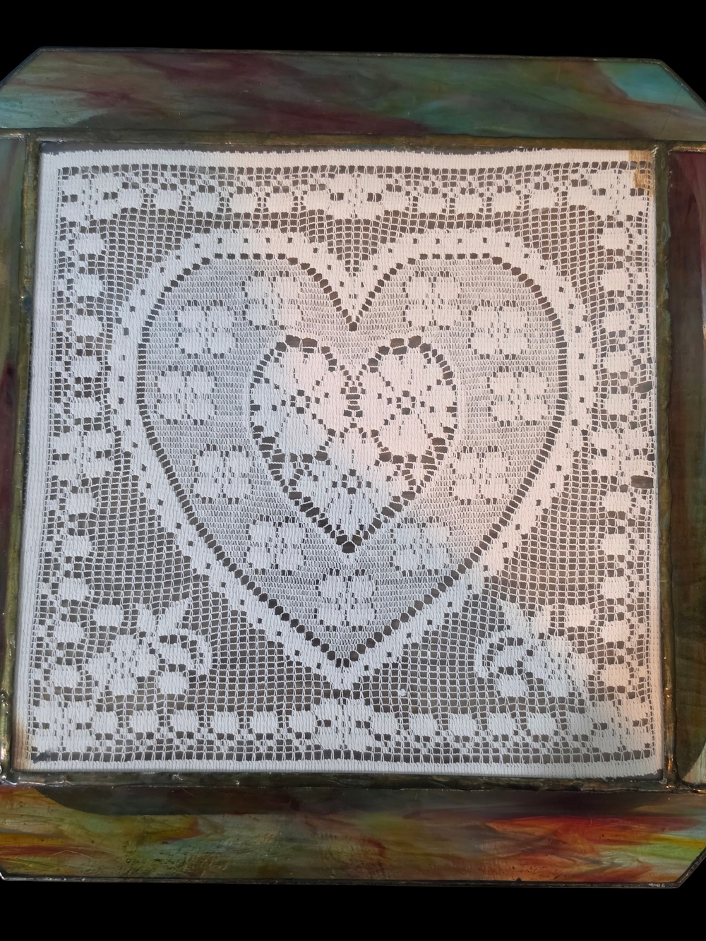 Vintage Stained Glass Window Panel Framed Heart Doily Slag Glass Grandma Cottage